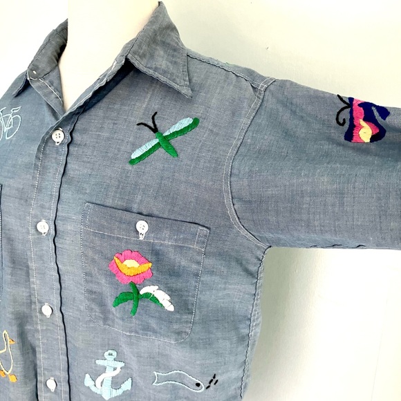 Vintage 70’s embroidered chambray button down novelty shirt top blouse workwear - Picture 3 of 11